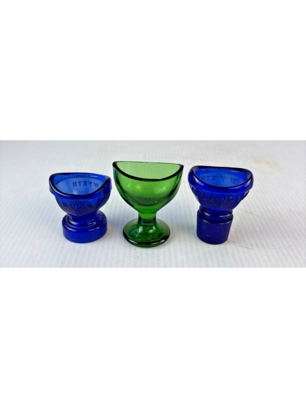 Lot of 3 Vintage 1930s Glass Eye Wash Cups Cobalt Blue Wyeth Green Pedestal